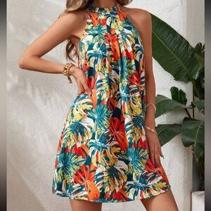 Tropical Leaf Print Halter Dress